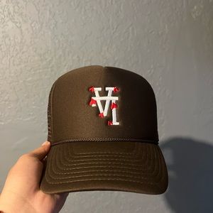Brown upside down LA trucker hat